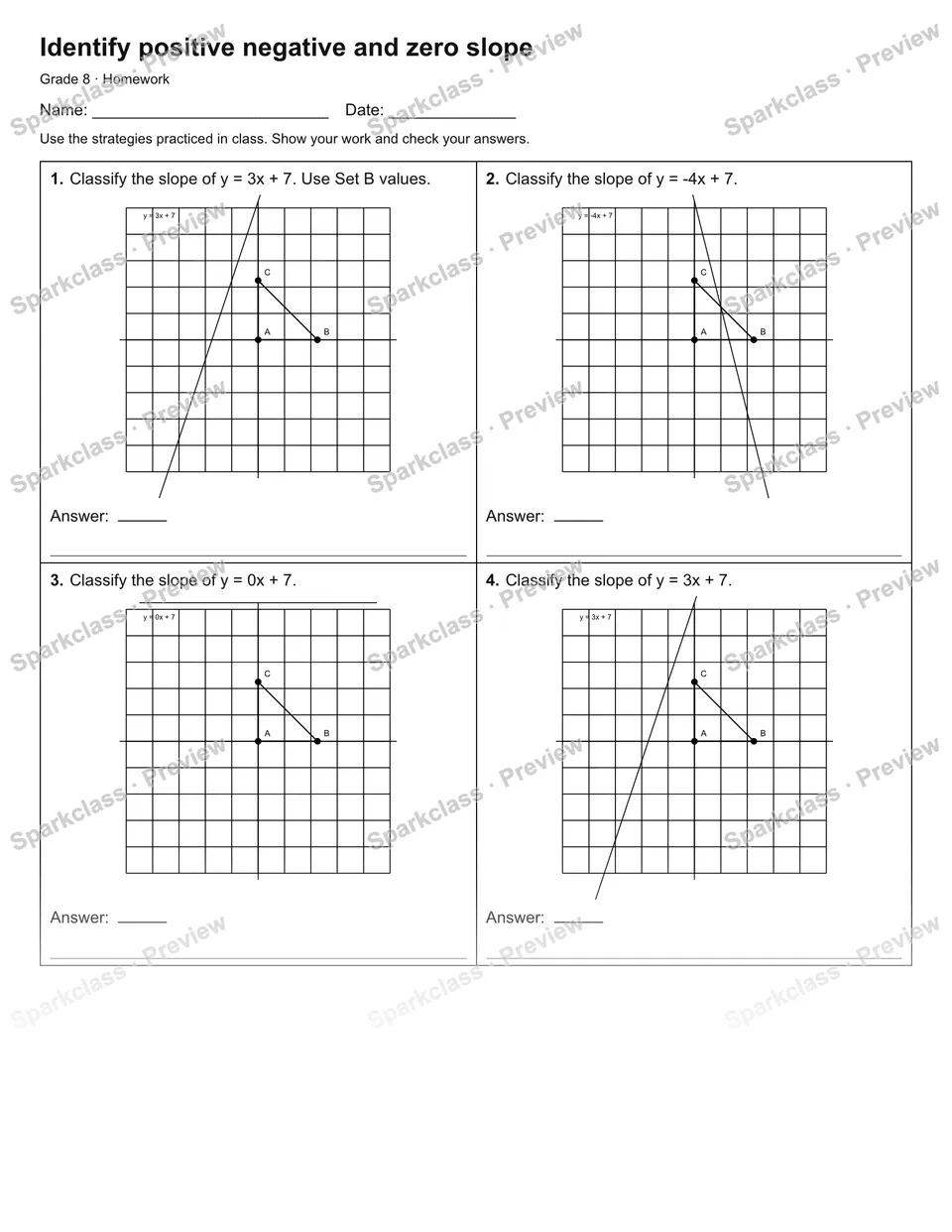 Identify positive negative and zero slope — Homework — Grade 8 worksheet preview
