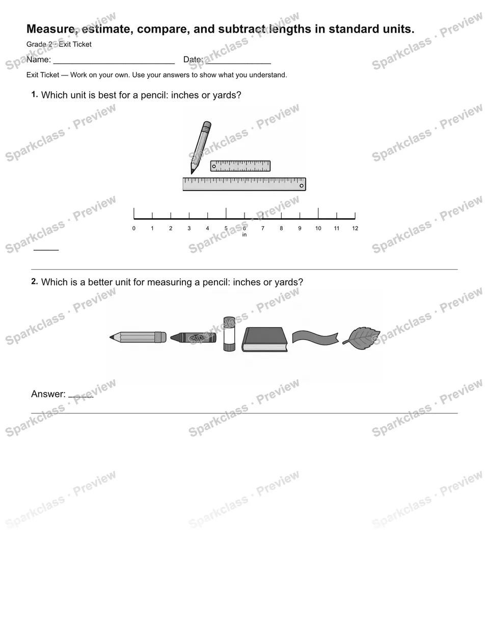 Measure, estimate, compare, and subtract lengths in standard units. — Exit Ticket — Grade 2 worksheet preview
