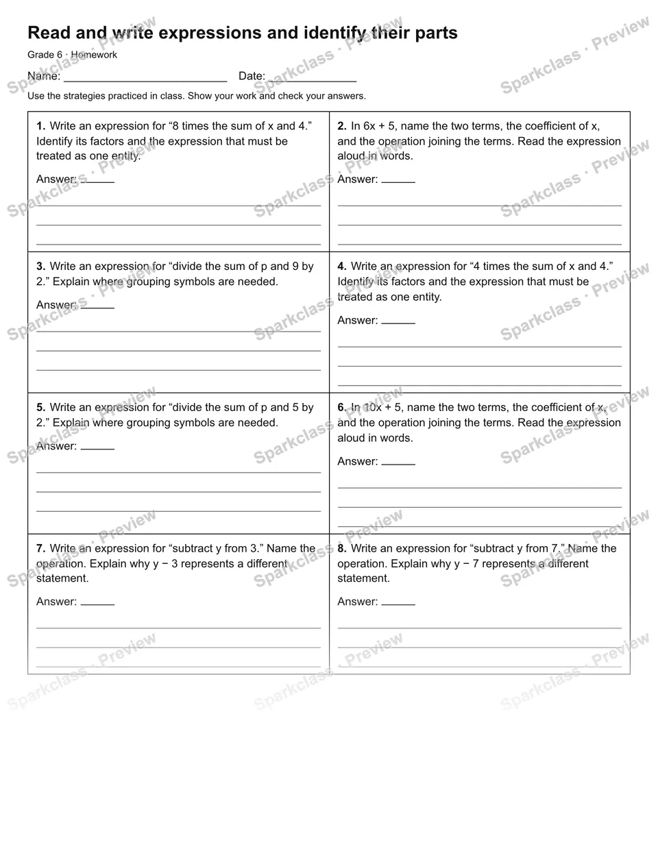 Read and write expressions and identify their parts — Homework — Grade 6 worksheet preview