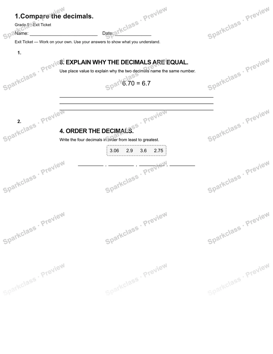 1.Compare the decimals. — Exit Ticket — Grade 5 worksheet preview