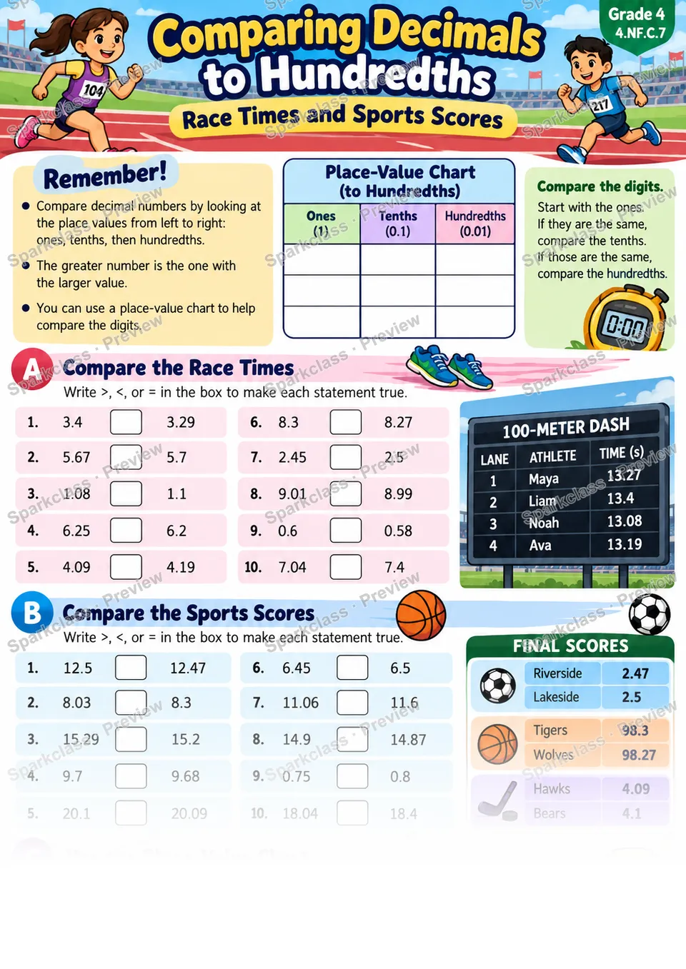 Compare Decimal Numbers — Grade 4 worksheet preview