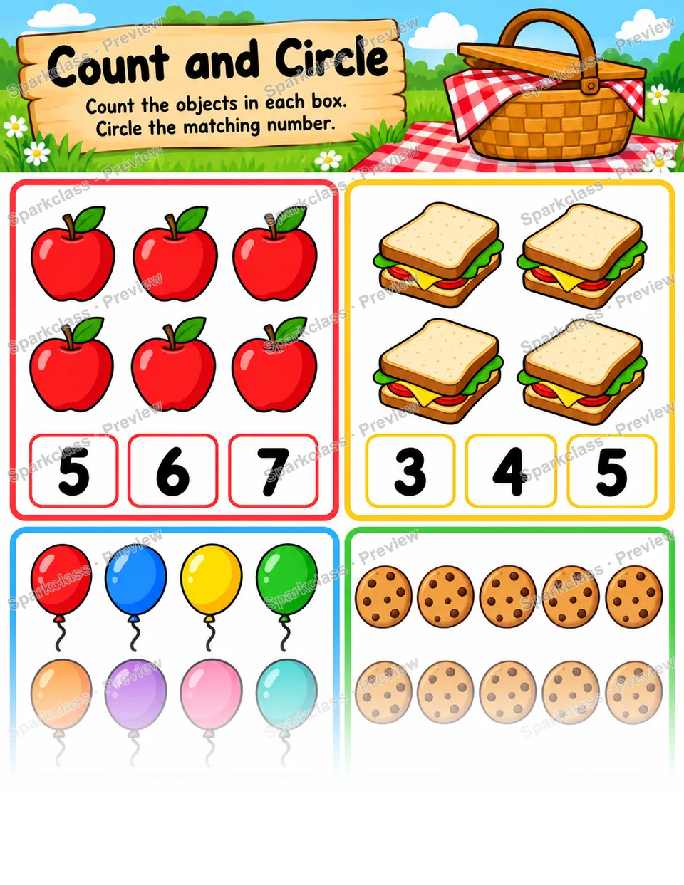 Basic Count and Circle · Quantities — Kindergarten worksheet preview
