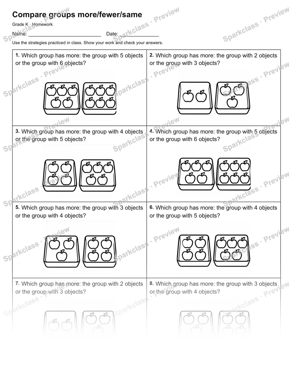 Compare groups more/fewer/same — Homework — Kindergarten worksheet preview
