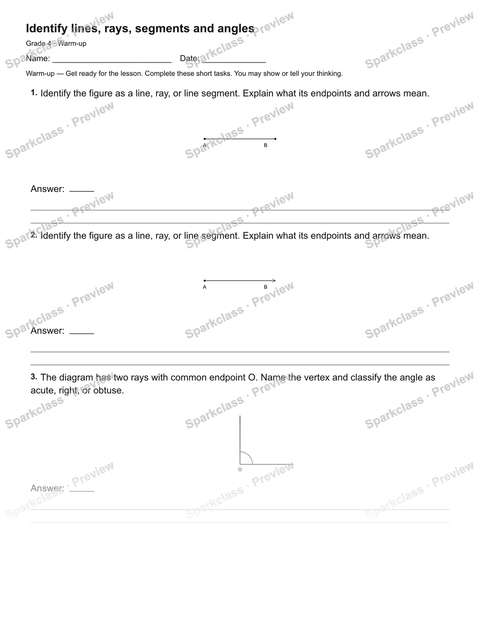 Identify lines, rays, segments and angles — Warm-up — Grade 4 worksheet preview