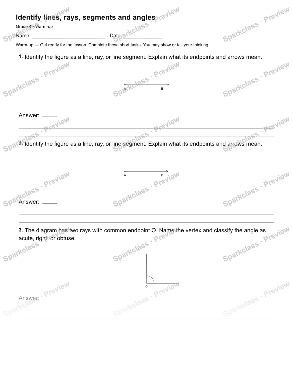 Identify lines, rays, segments and angles — Warm-up — page 2