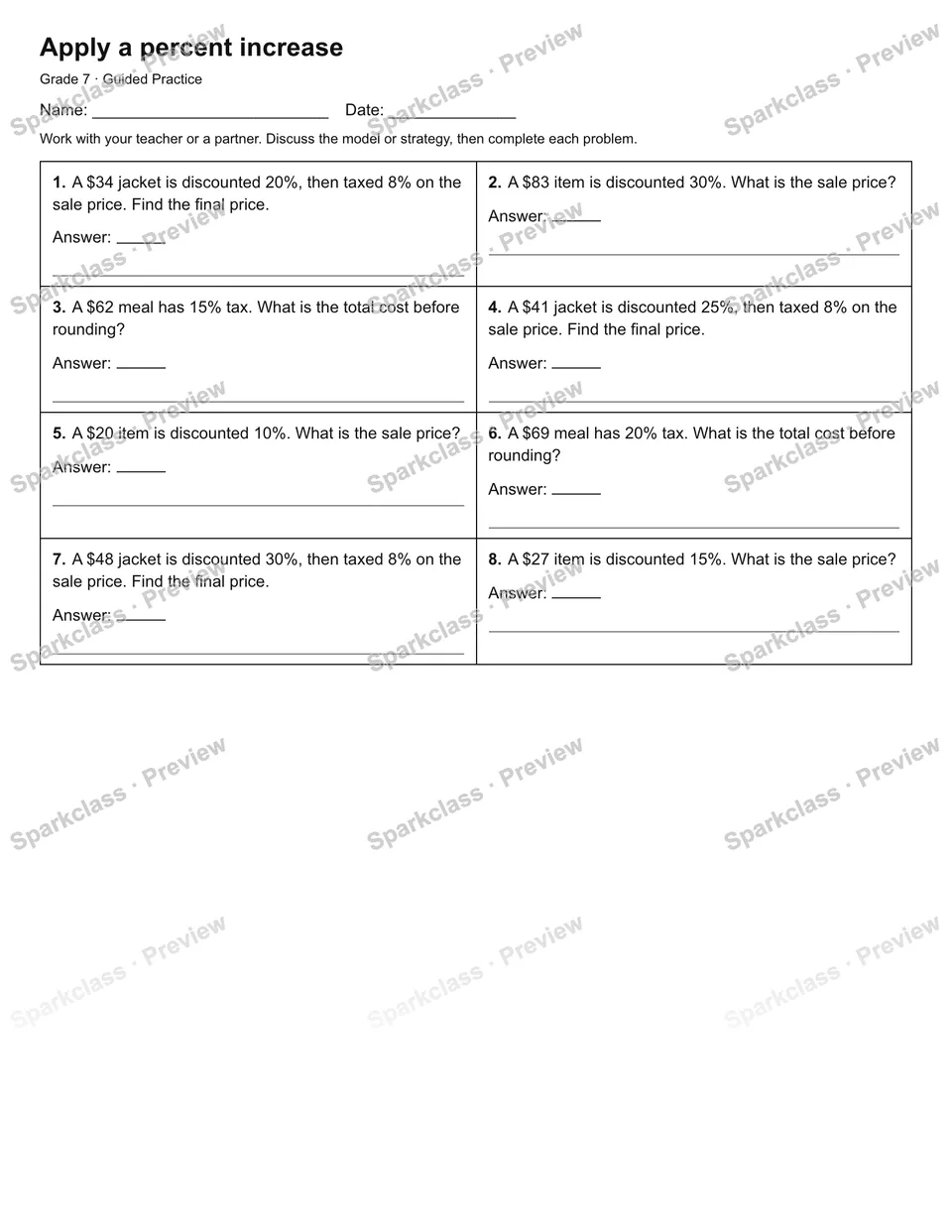 Apply a percent increase — Guided Practice — Grade 7 worksheet preview