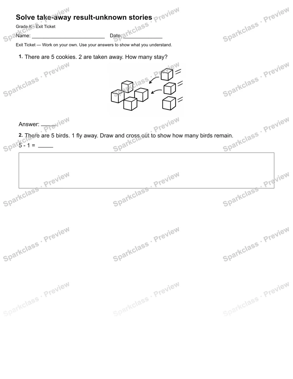 Solve take-away result-unknown stories — Exit Ticket — Kindergarten worksheet preview