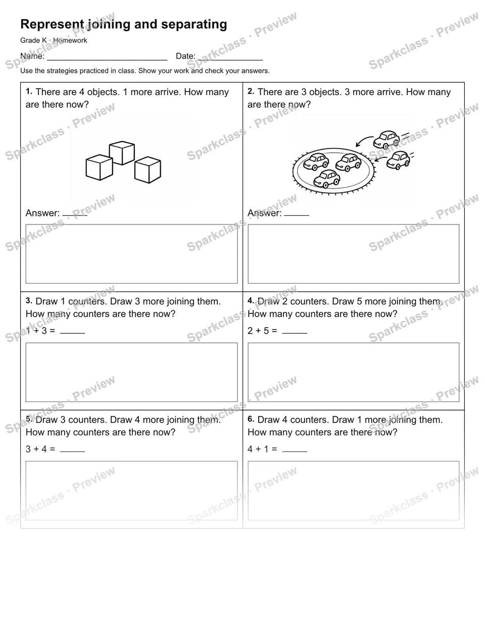 Represent joining and separating — Homework — Kindergarten worksheet preview