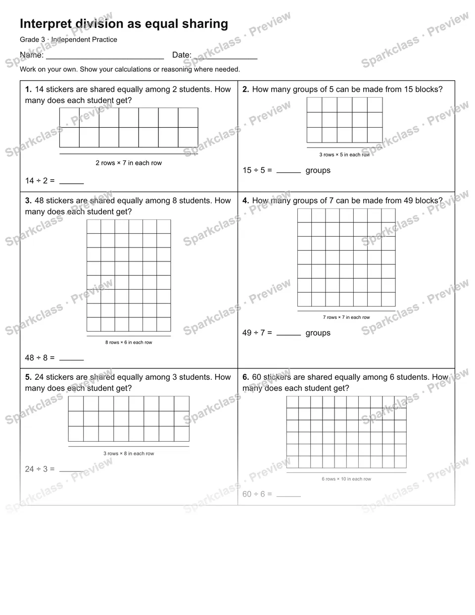 Interpret division as equal sharing — Independent Practice — Grade 3 worksheet preview