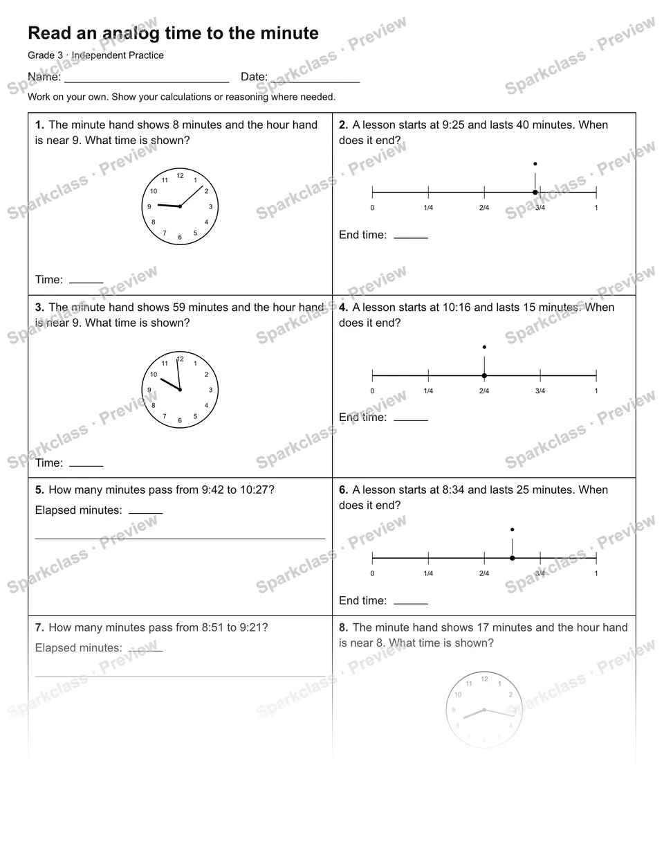 Read an analog time to the minute — Independent Practice — Grade 3 worksheet preview