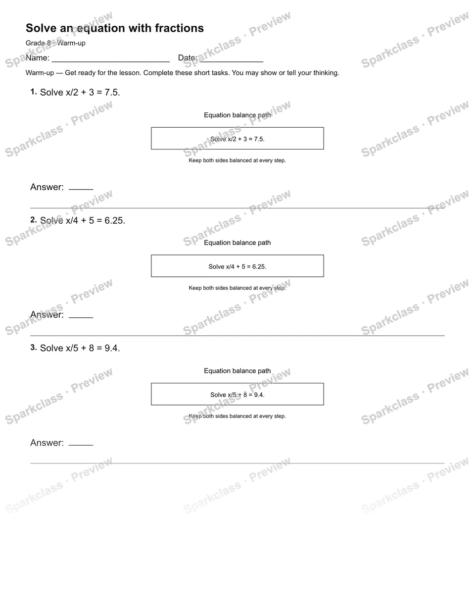 Solve an equation with fractions — Warm-up — page 2