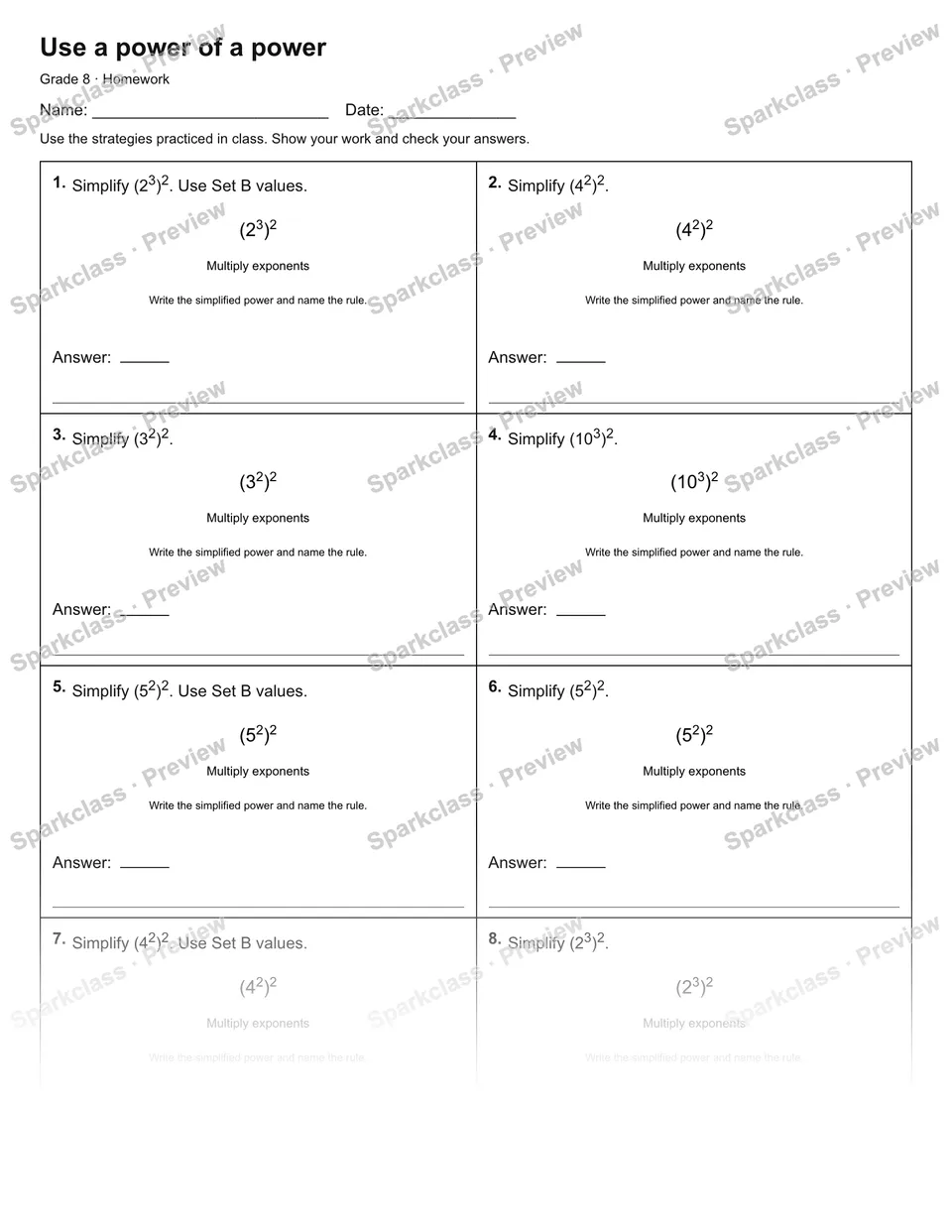 Use a power of a power — Homework — Grade 8 worksheet preview