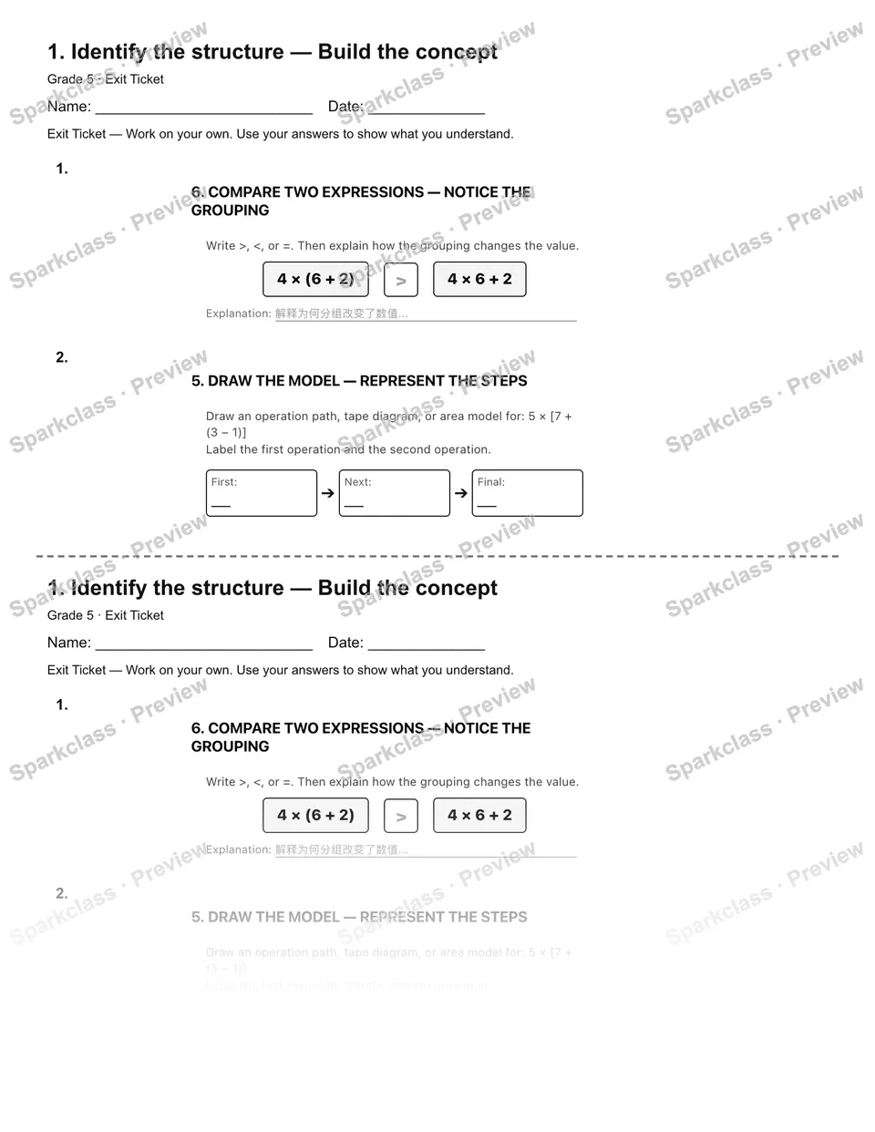 1. Identify the structure — Build the concept — Exit Ticket — Grade 5 worksheet preview