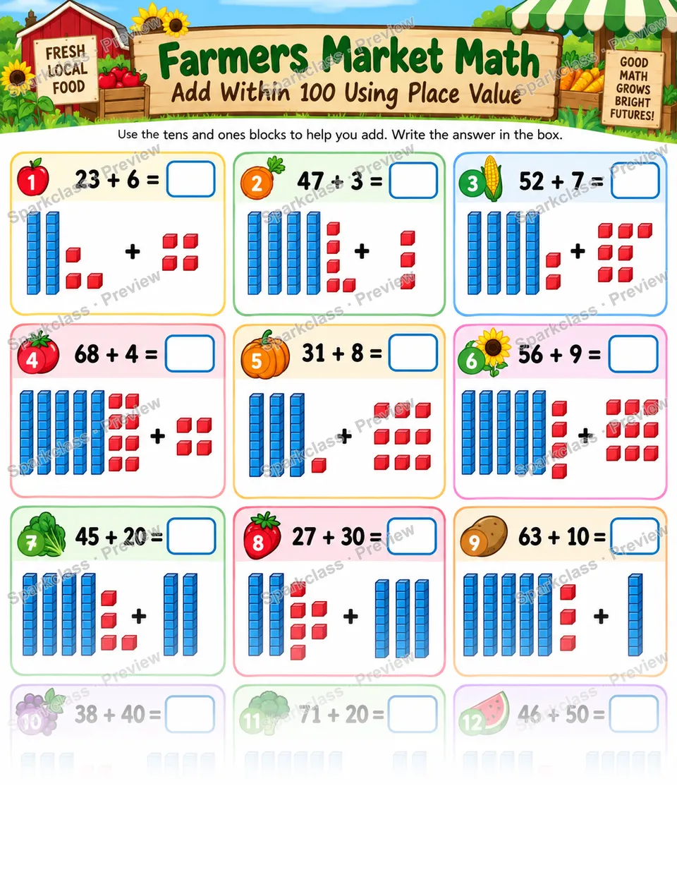 Farmers Market Add Within 100 — Grade 1 worksheet preview