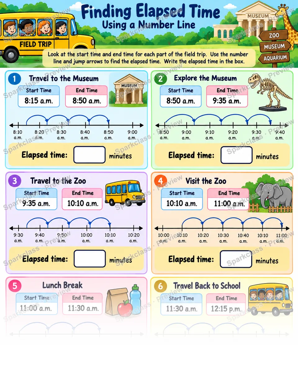 Elapsed Time Number Line 01 — Grade 3 worksheet preview