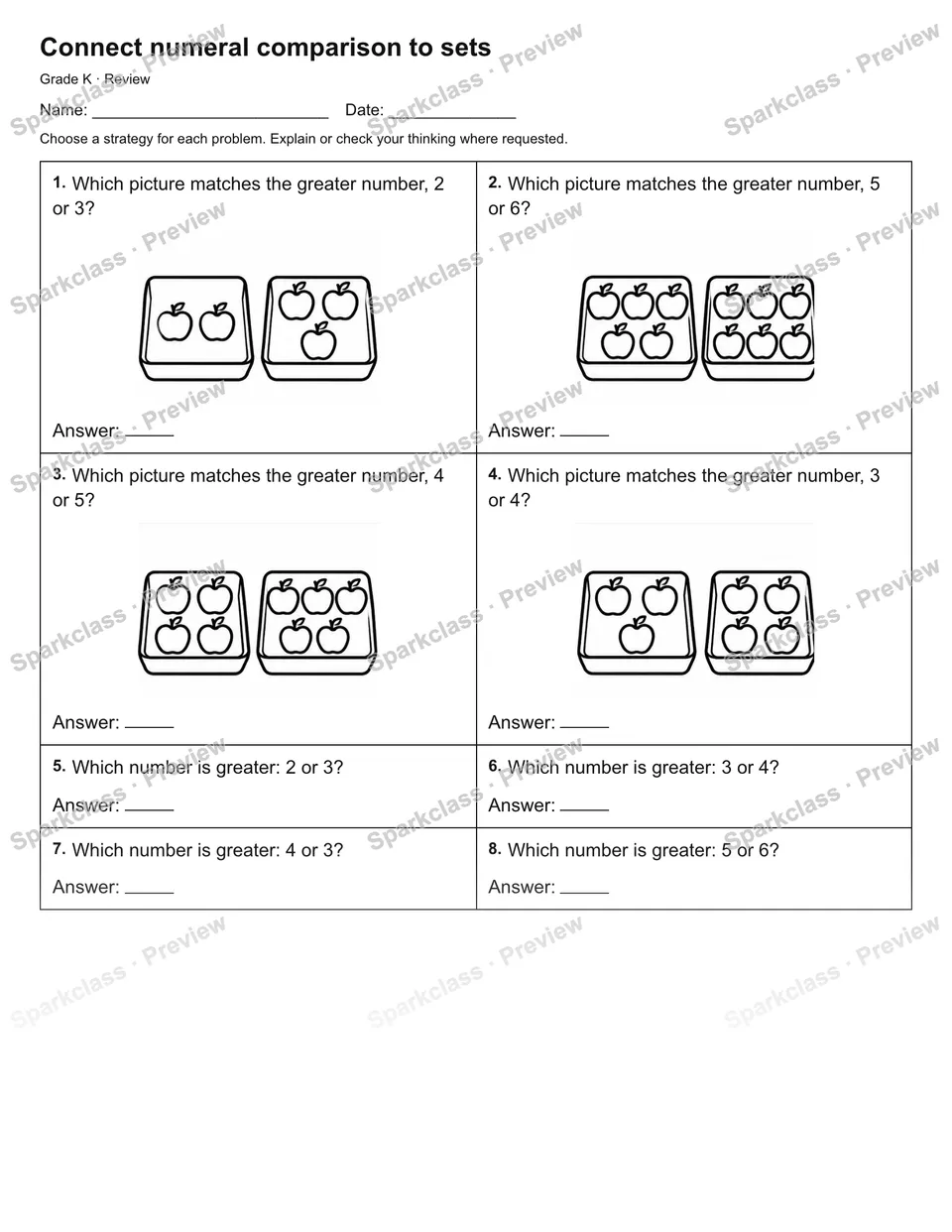 Connect numeral comparison to sets — Review — Kindergarten worksheet preview