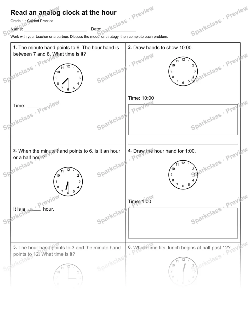 Read an analog clock at the hour — Guided Practice — Grade 1 worksheet preview