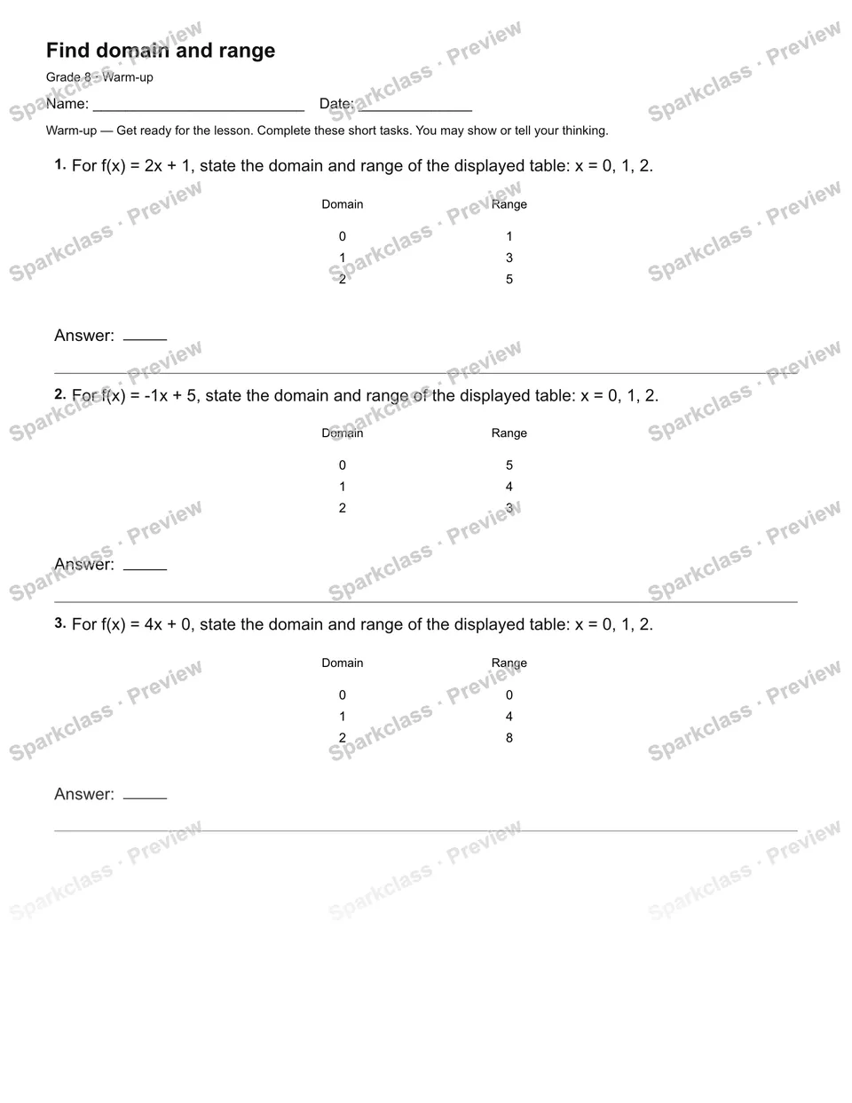 Find domain and range — Warm-up — Grade 8 worksheet preview