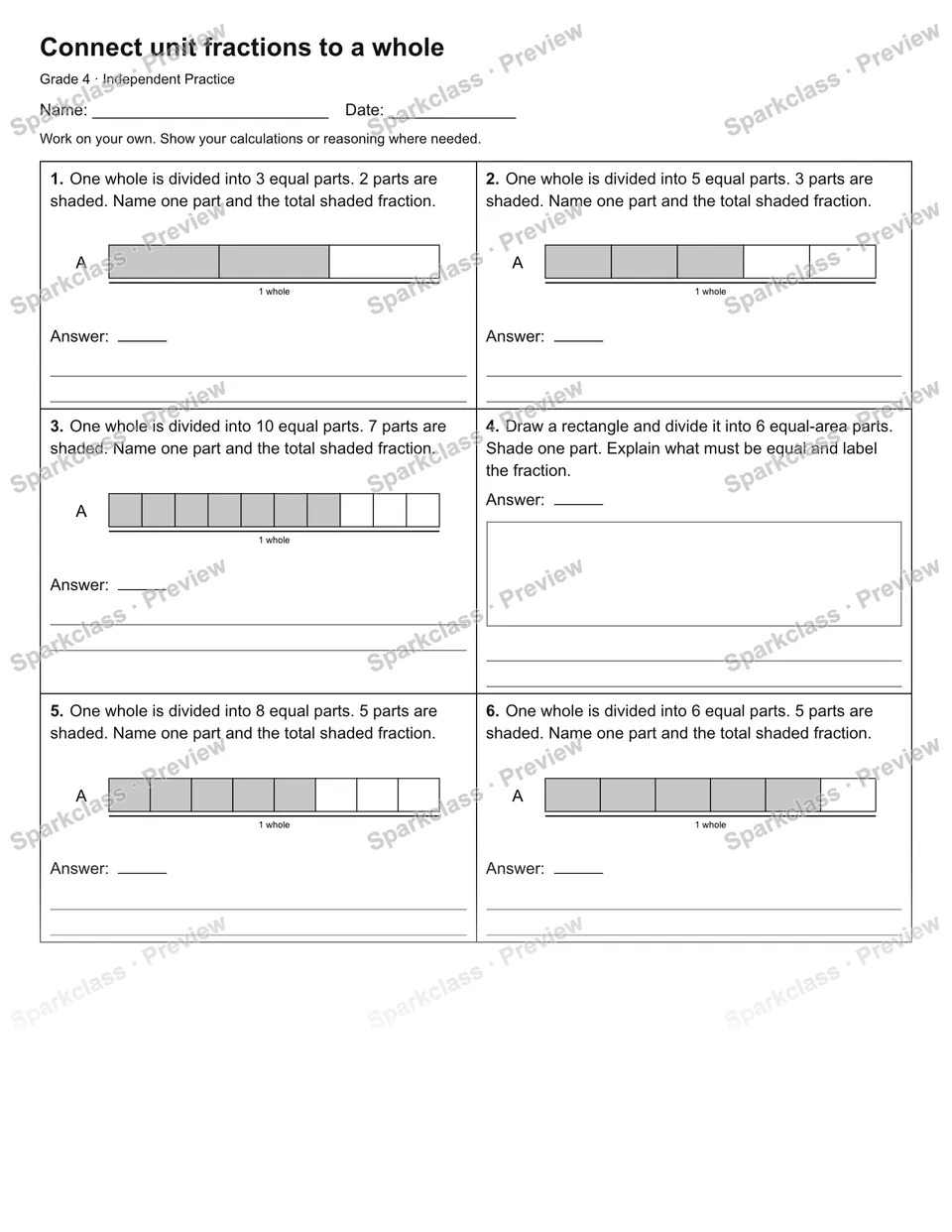 Connect unit fractions to a whole — Independent Practice — Grade 4 worksheet preview
