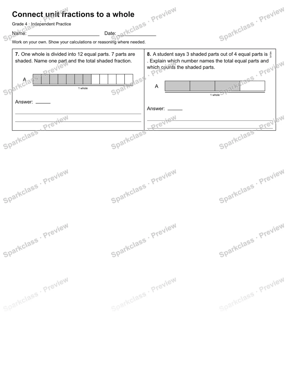 Connect unit fractions to a whole — Independent Practice — page 2