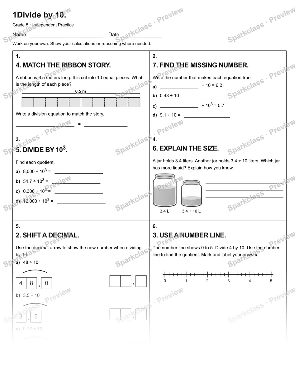 1Divide by 10. — Independent Practice — Grade 5 worksheet preview