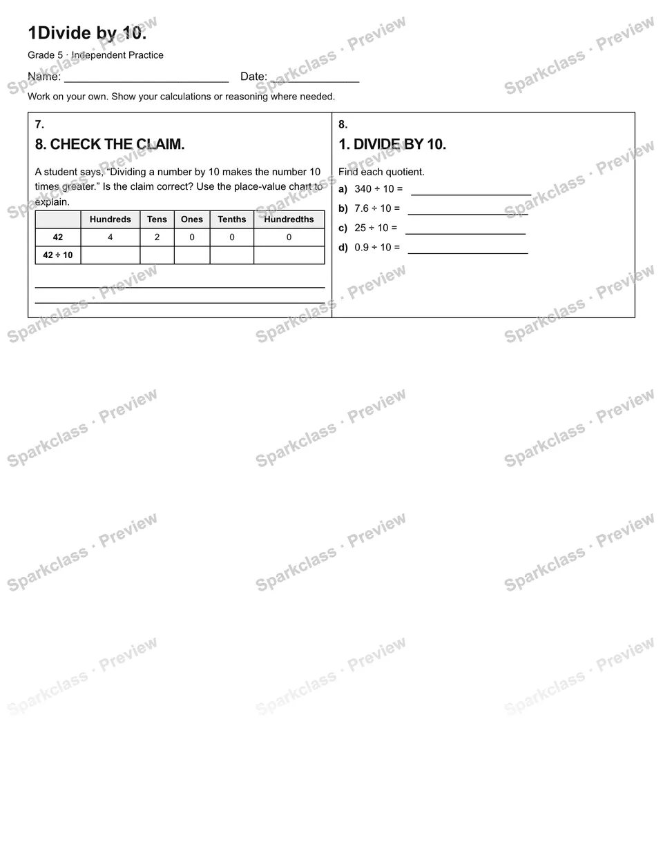 1Divide by 10. — Independent Practice — page 2