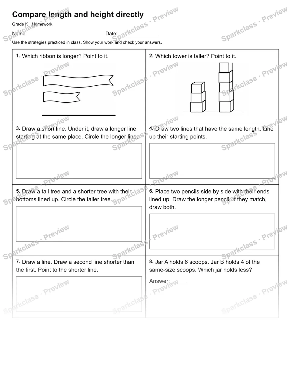 Compare length and height directly — Homework — Kindergarten worksheet preview