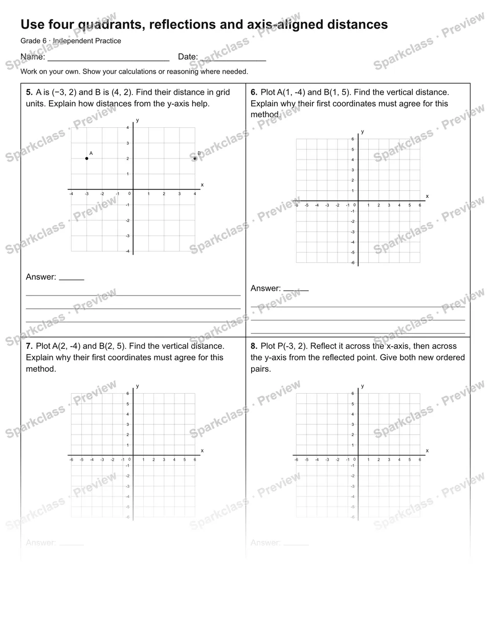 Use four quadrants, reflections and axis-aligned distances — Independent Practice — page 2