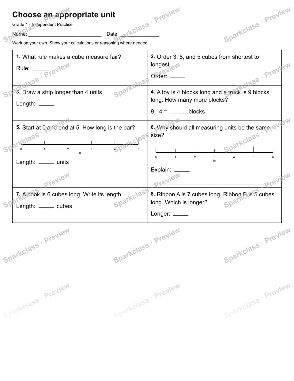 Choose an appropriate unit — Independent Practice — Grade 1 worksheet preview