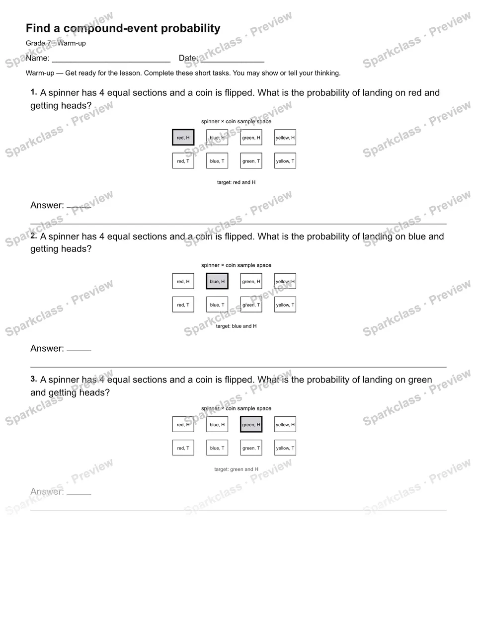 Find a compound-event probability — Warm-up — Grade 7 worksheet preview