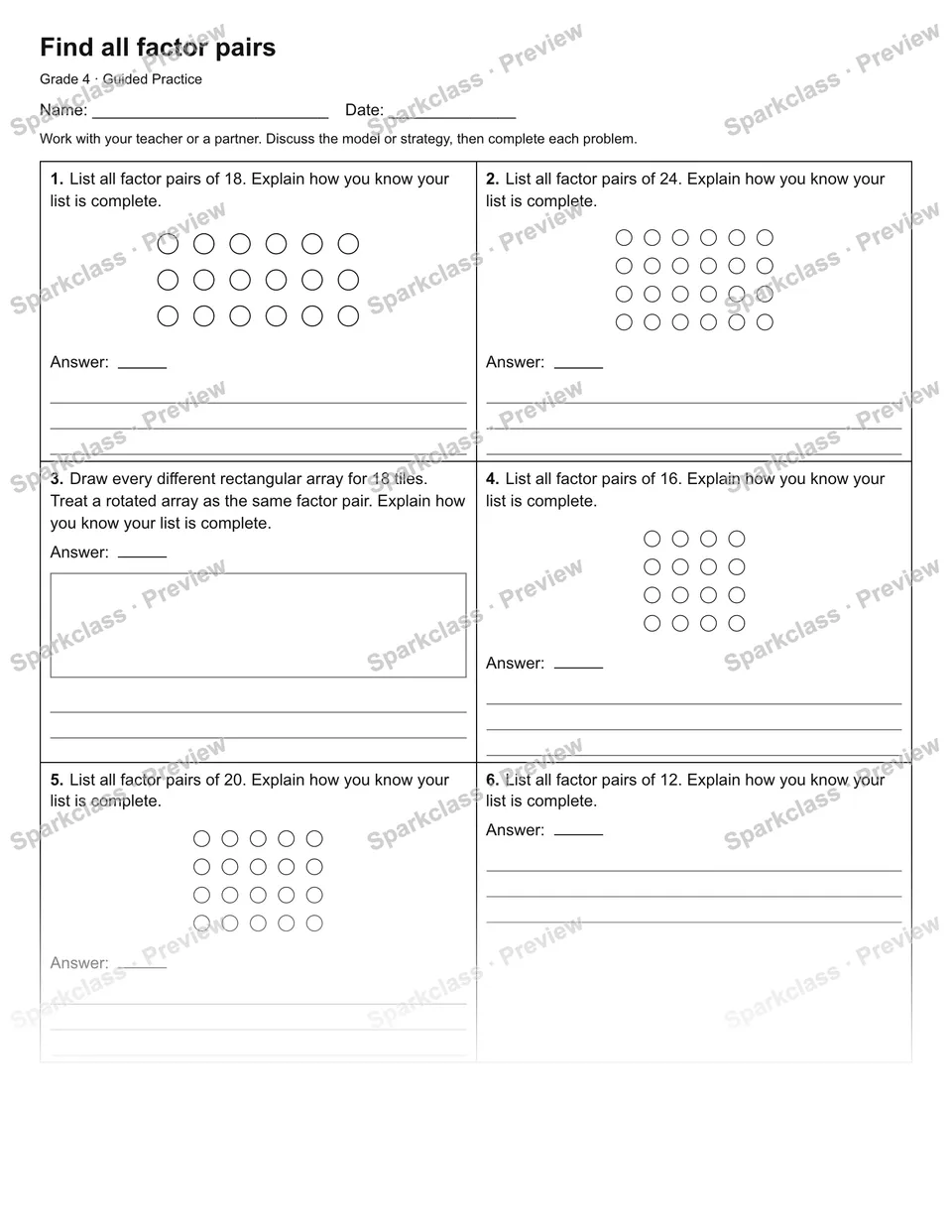Find all factor pairs — Guided Practice — Grade 4 worksheet preview