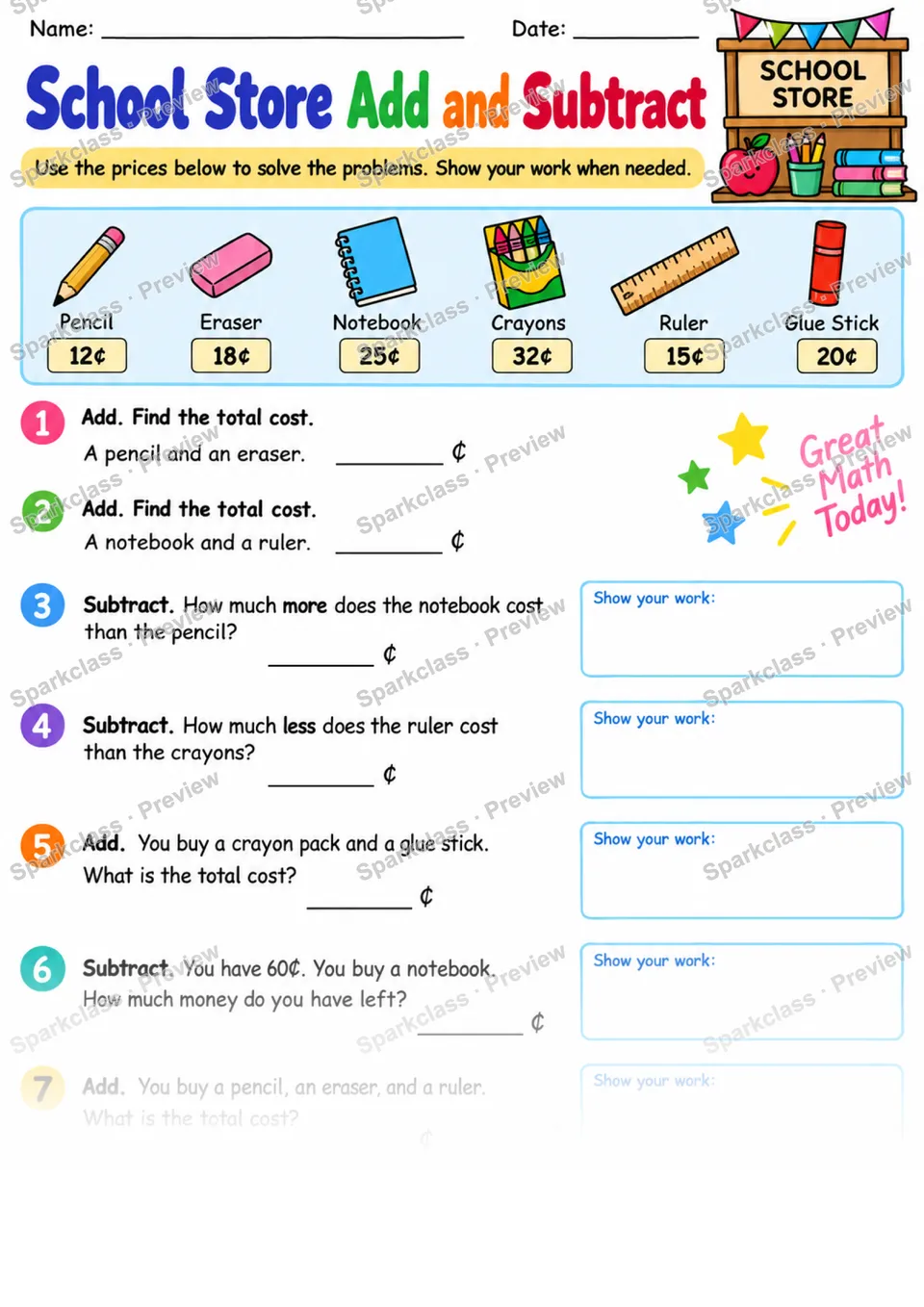 2.NBT.B.5 · School Store Add Subtract — Grade 2 worksheet preview