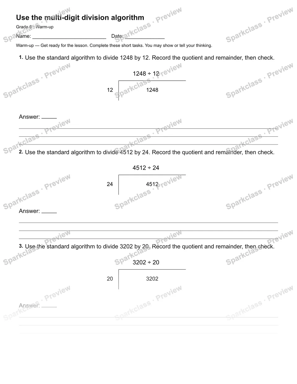 Use the multi-digit division algorithm — Warm-up — page 2