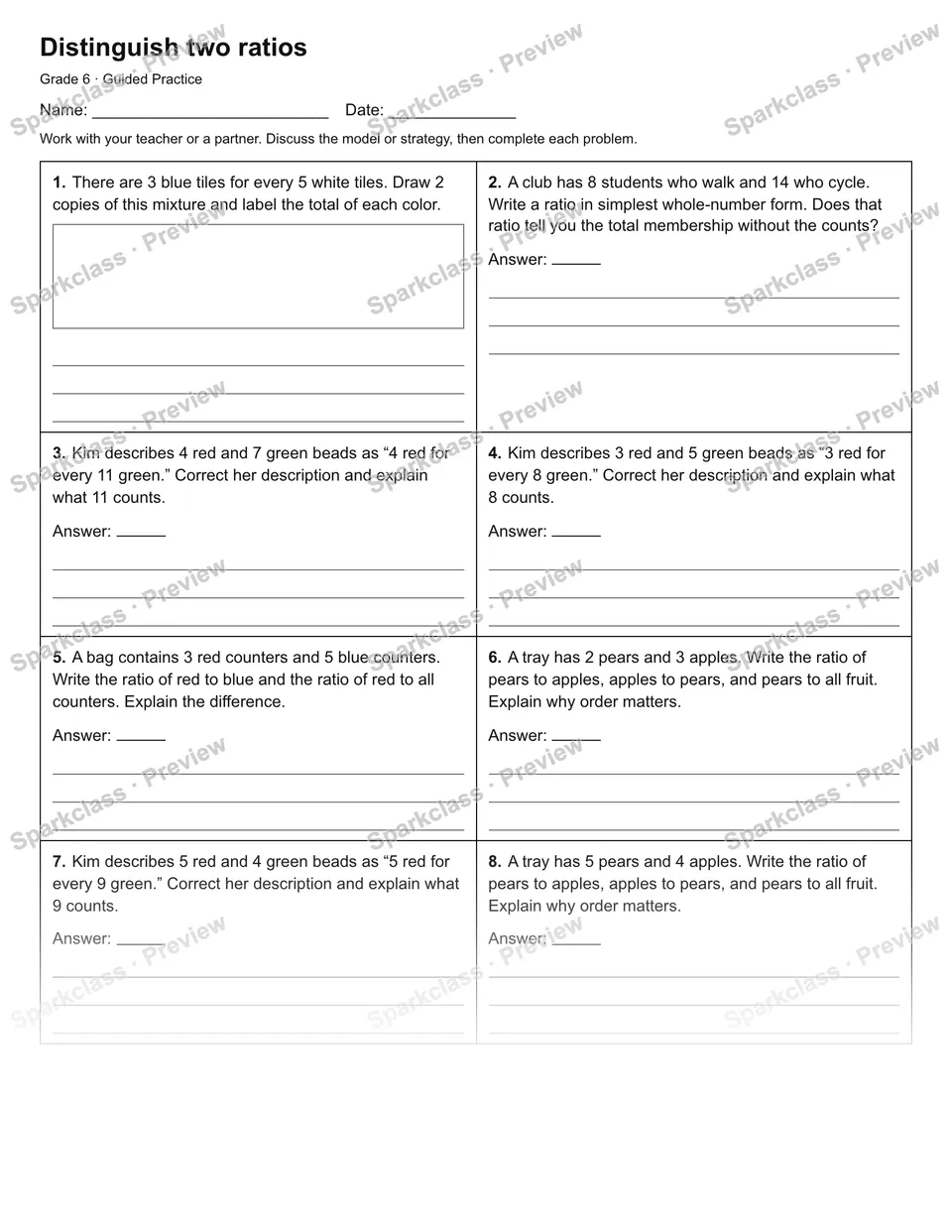 Distinguish two ratios — Guided Practice — Grade 6 worksheet preview