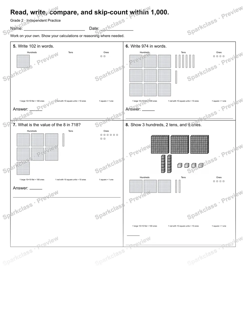 Read, write, compare, and skip-count within 1,000. — Independent Practice — page 2