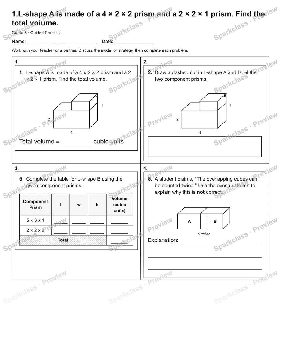 1.L-shape A is made of a 4 × 2 × 2 prism and a 2 × 2 × 1 prism. Find the total volume. — Guided Practice — Grade 5 worksheet preview