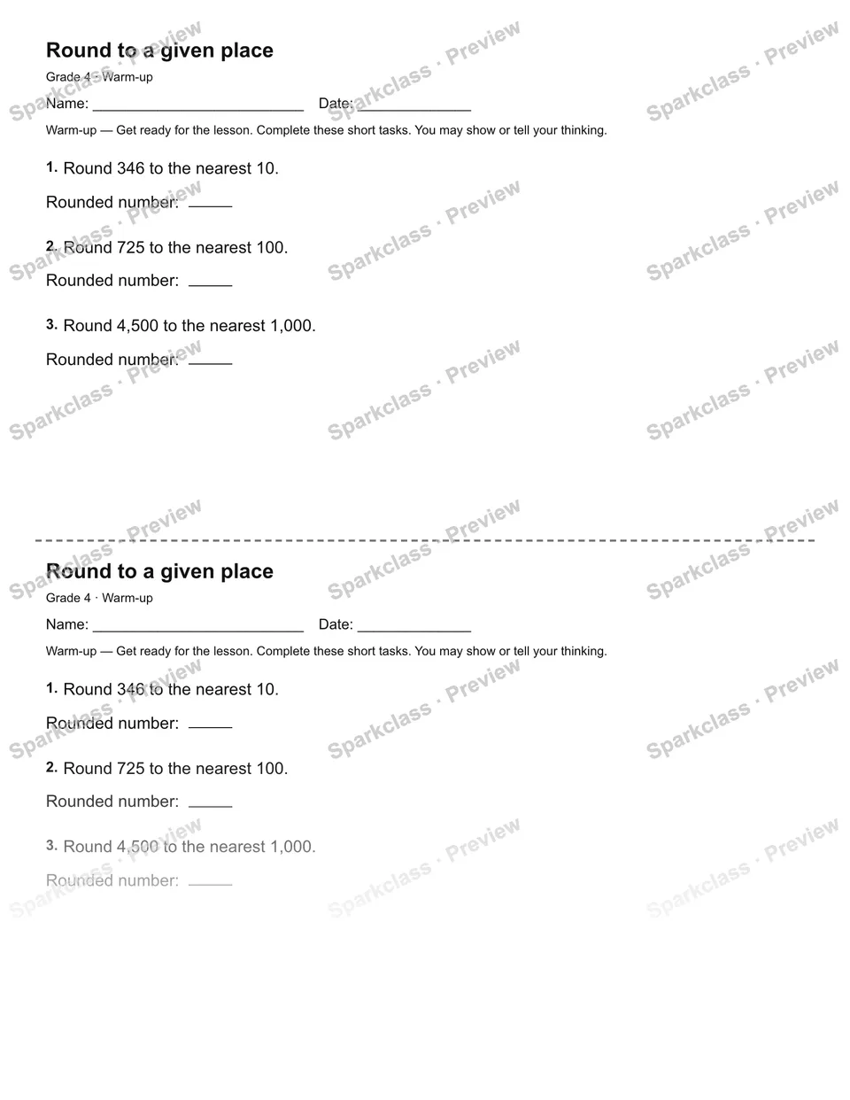 Round to a given place — Warm-up — Grade 4 worksheet preview