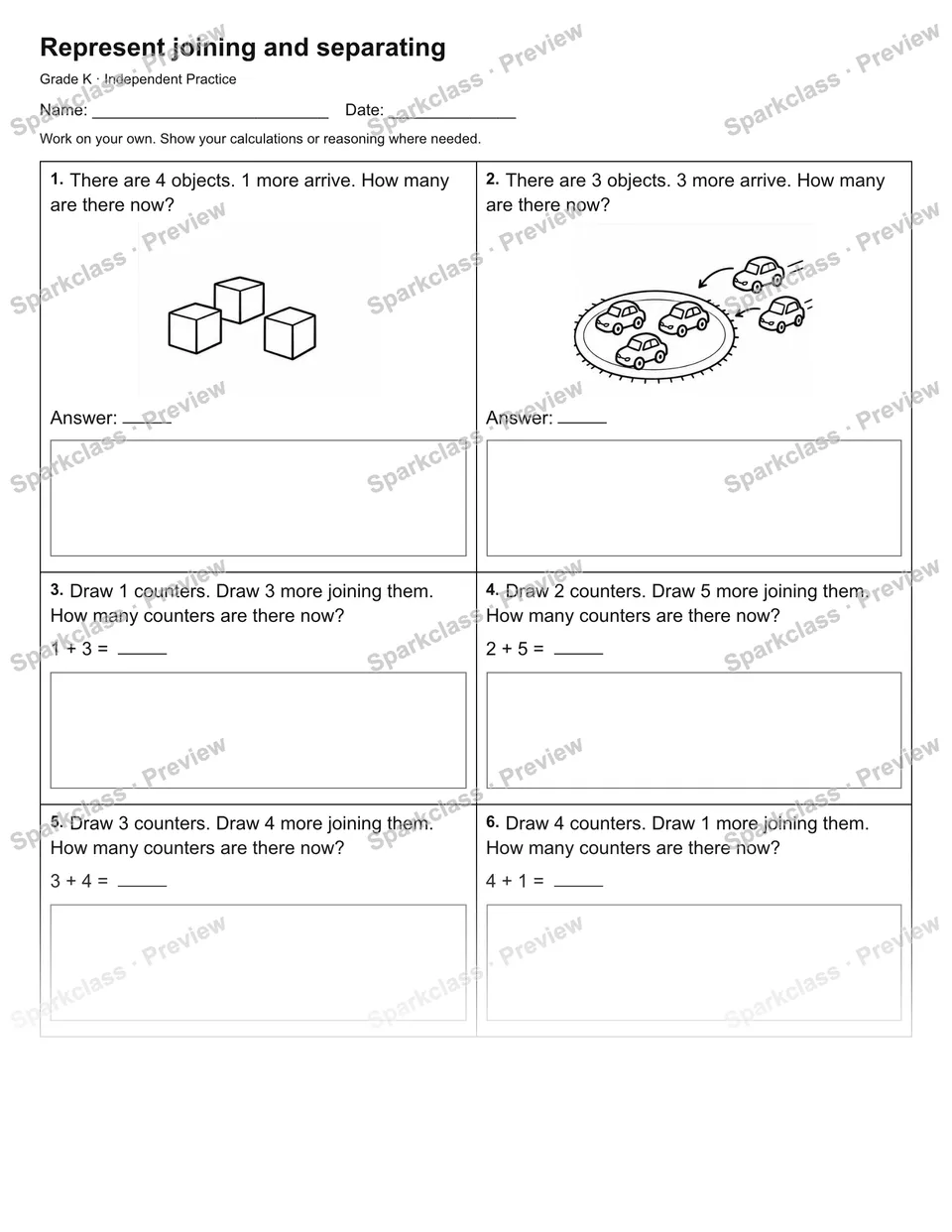 Represent joining and separating — Independent Practice — Kindergarten worksheet preview