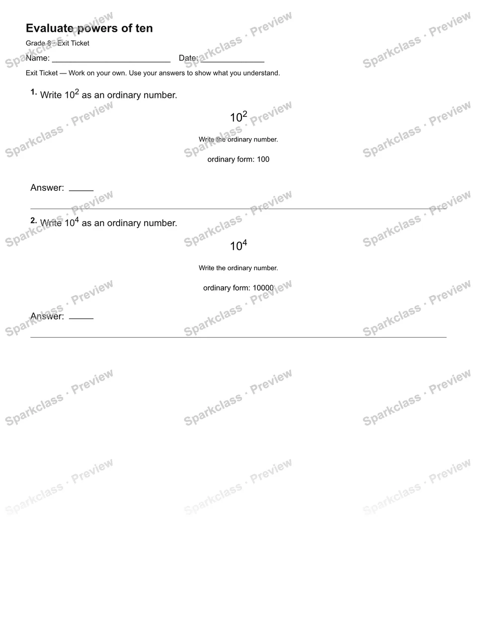 Evaluate powers of ten — Exit Ticket — page 2