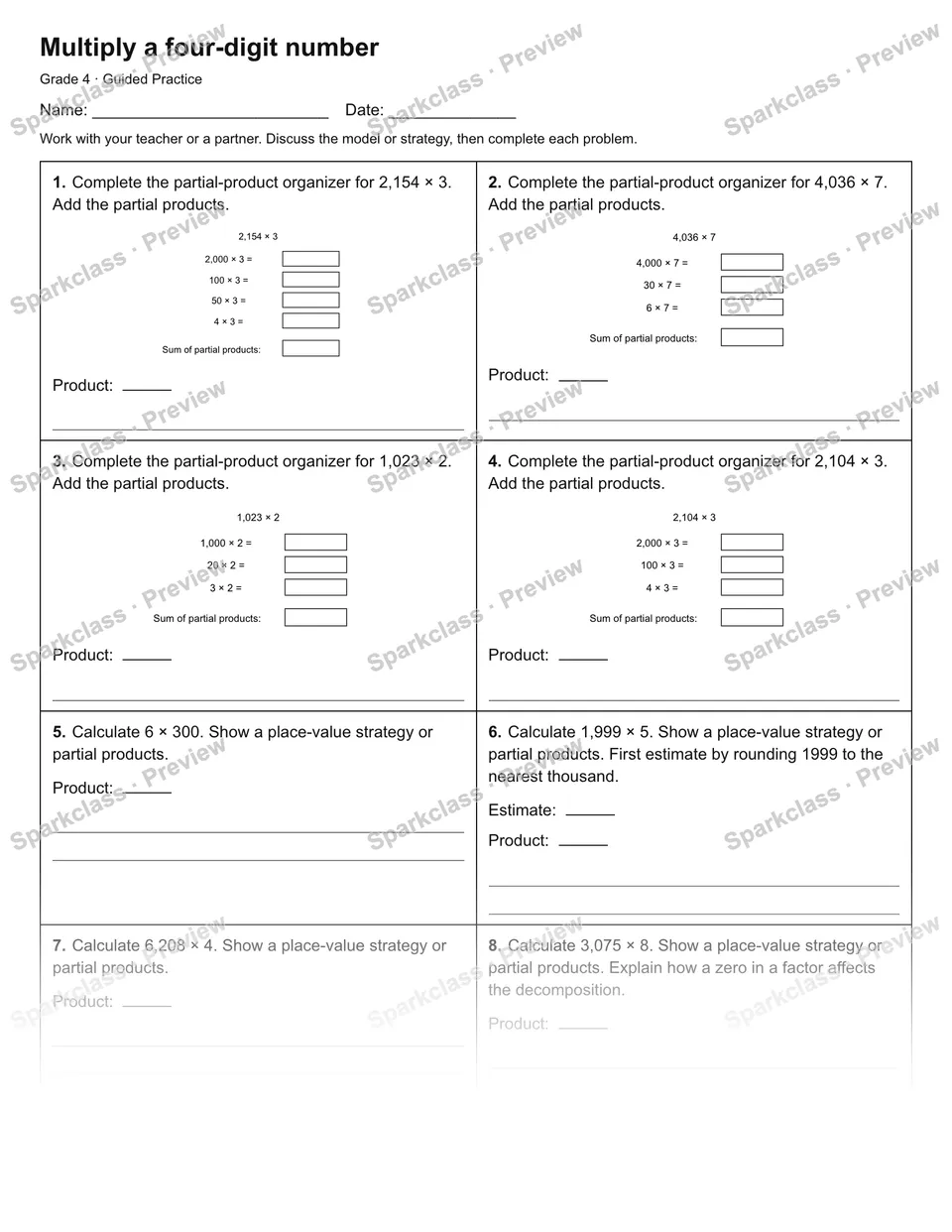 Multiply a four-digit number — Guided Practice — Grade 4 worksheet preview