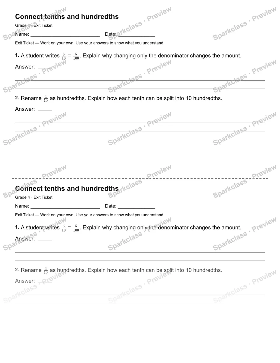 Connect tenths and hundredths — Exit Ticket — Grade 4 worksheet preview