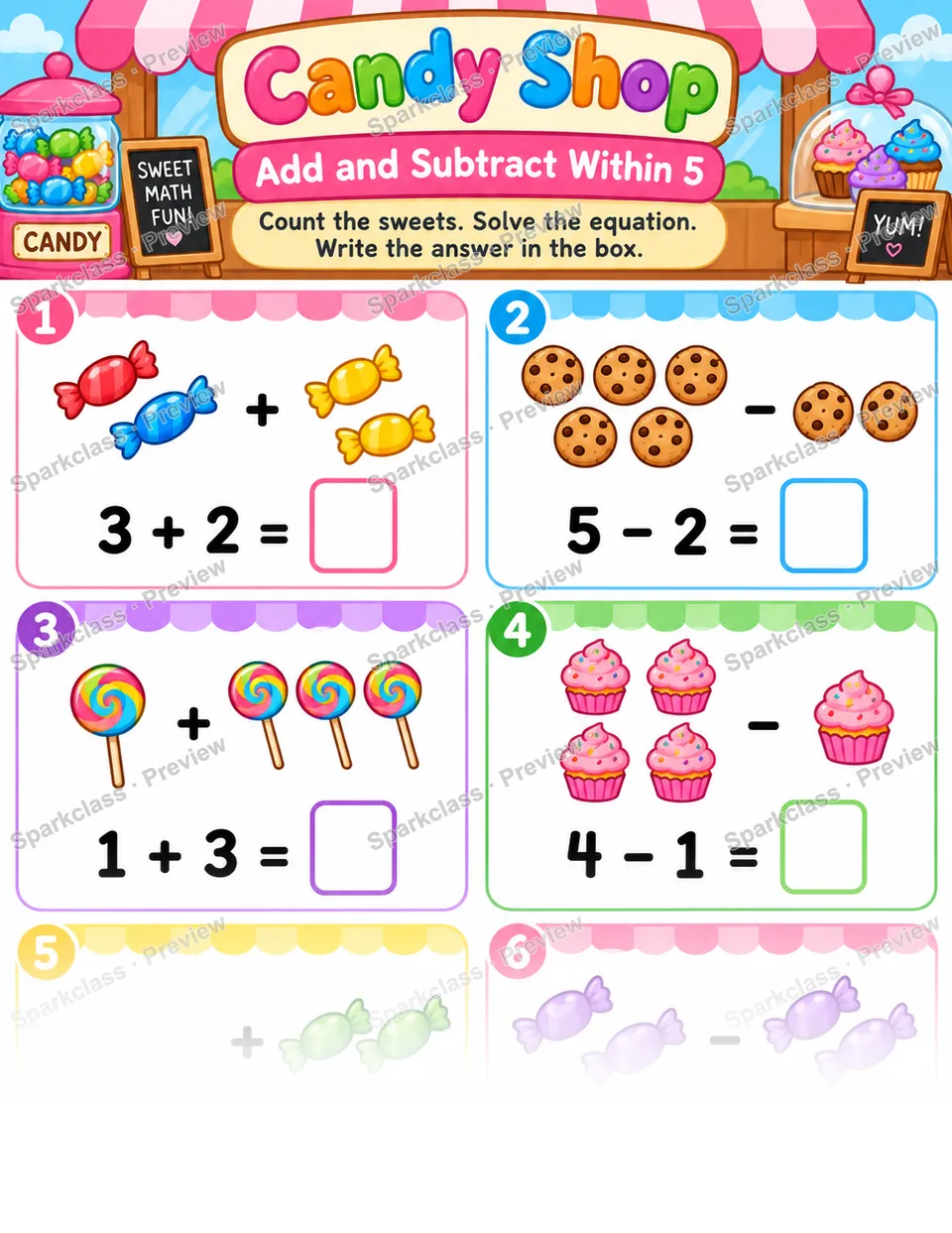 Candy Shop · Add and Subtract Within 5 — Kindergarten worksheet preview