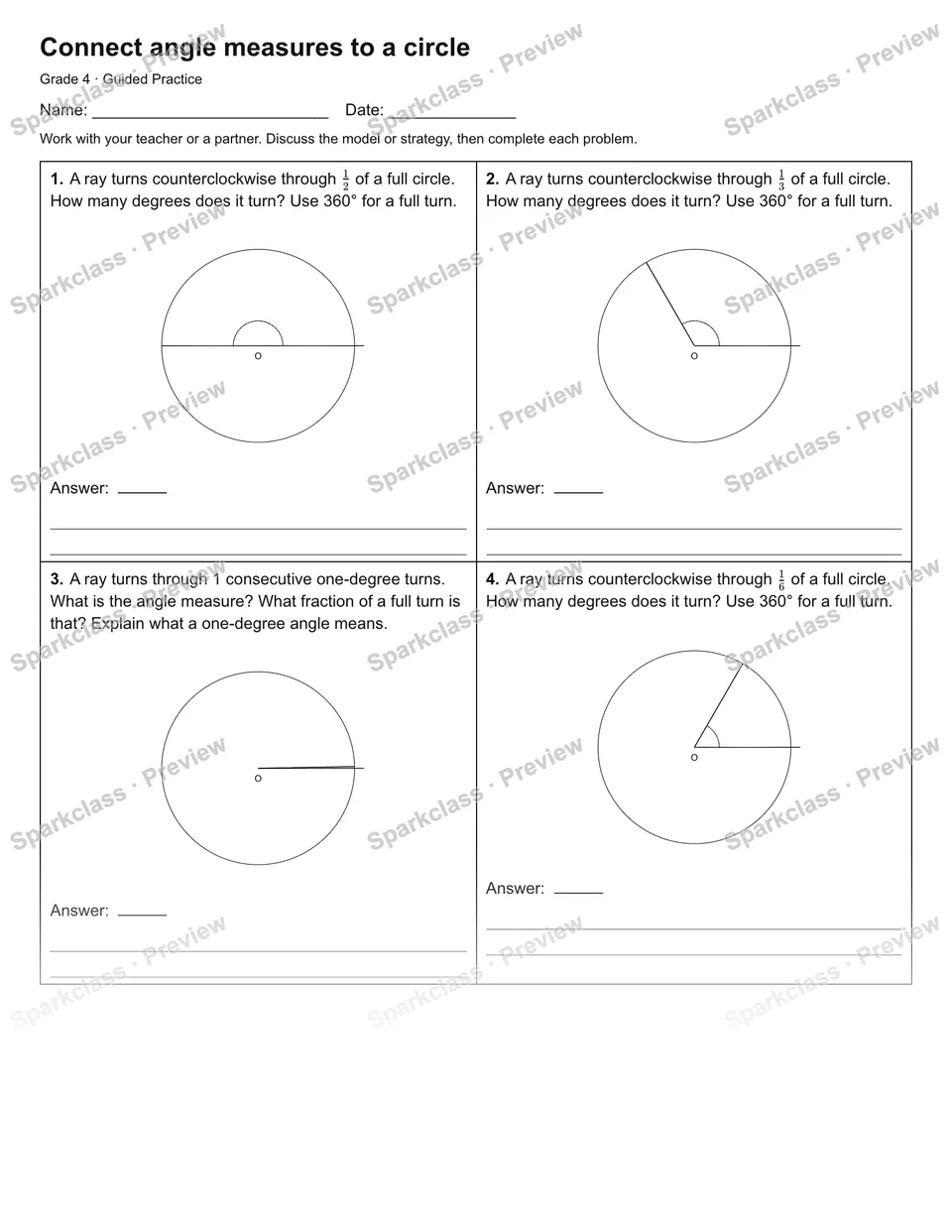 Connect angle measures to a circle — Guided Practice — Grade 4 worksheet preview