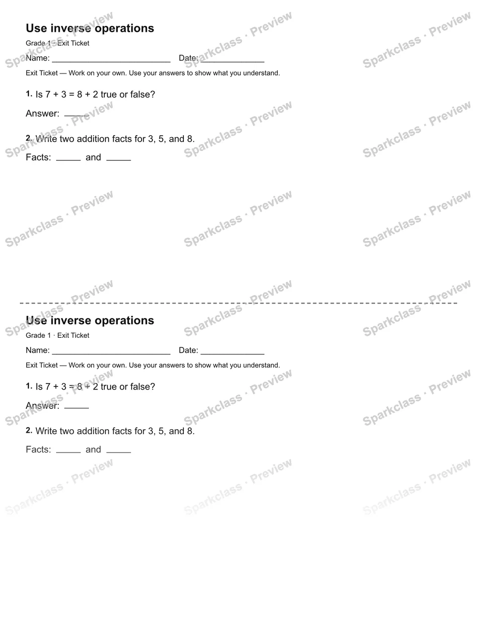 Use inverse operations — Exit Ticket — Grade 1 worksheet preview