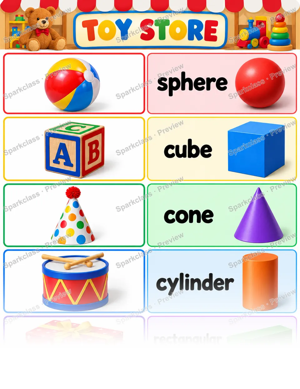 Basic Toy Store · 3D Shapes — Kindergarten worksheet preview