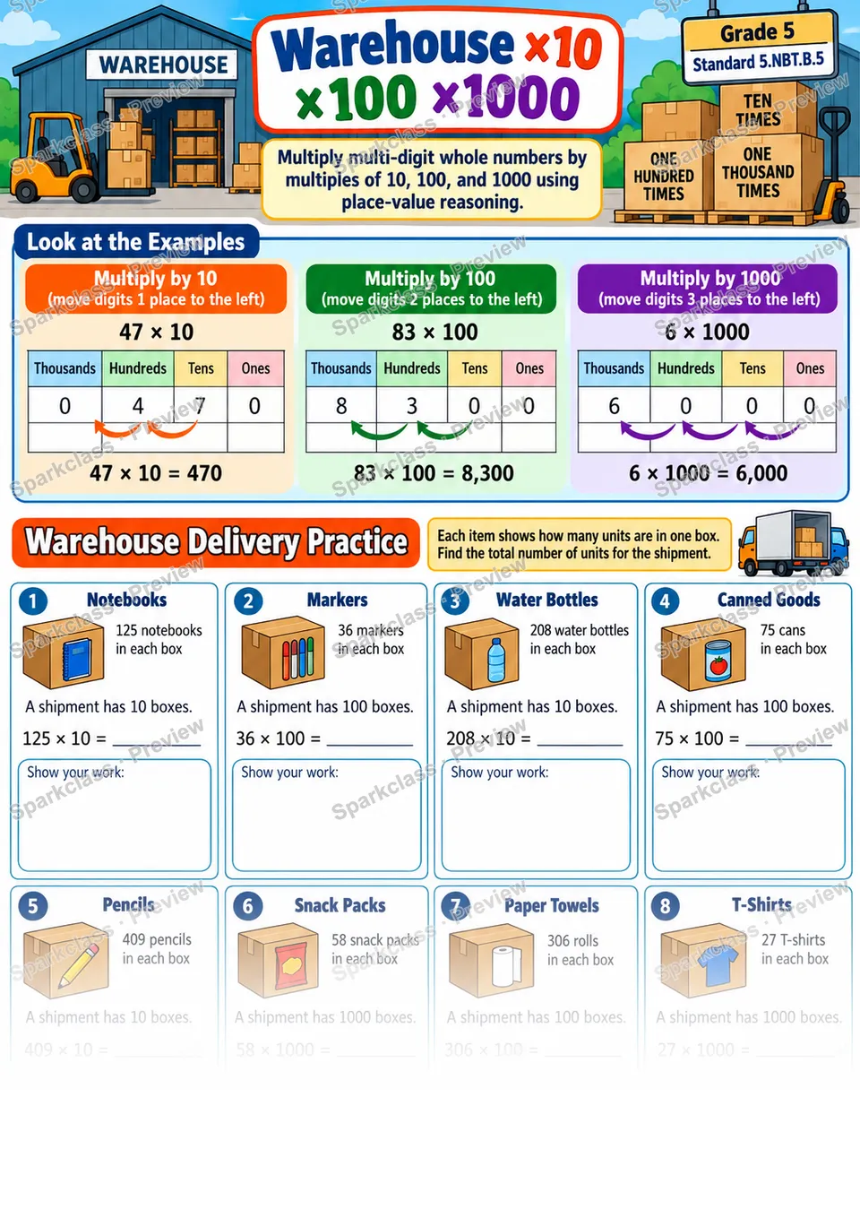 Multiply by Multiples of 10 and 100 — Grade 5 worksheet preview
