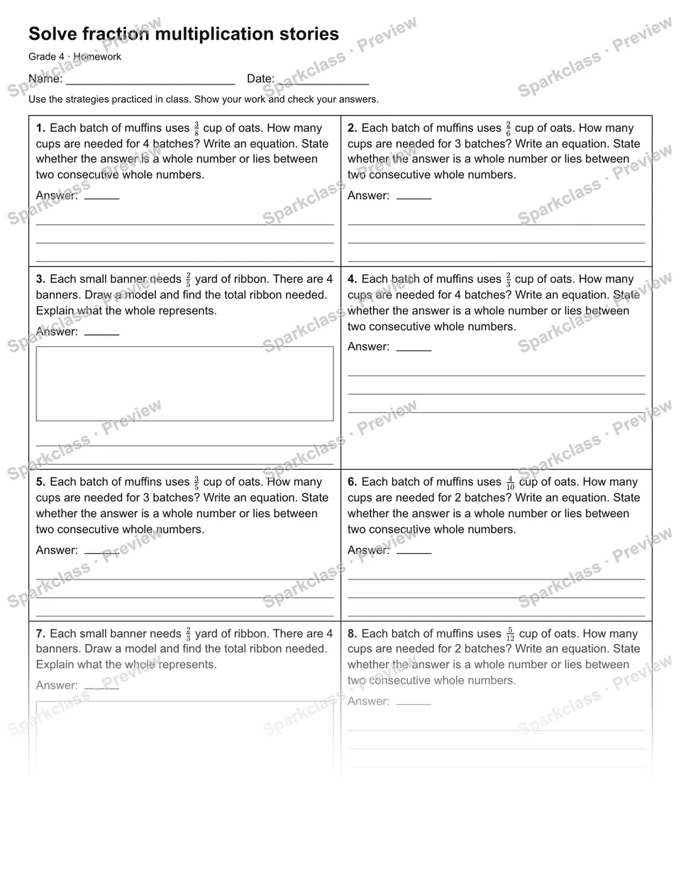 Solve fraction multiplication stories — Homework — Grade 4 worksheet preview