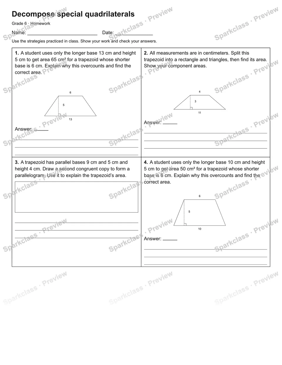 Decompose special quadrilaterals — Homework — Grade 6 worksheet preview