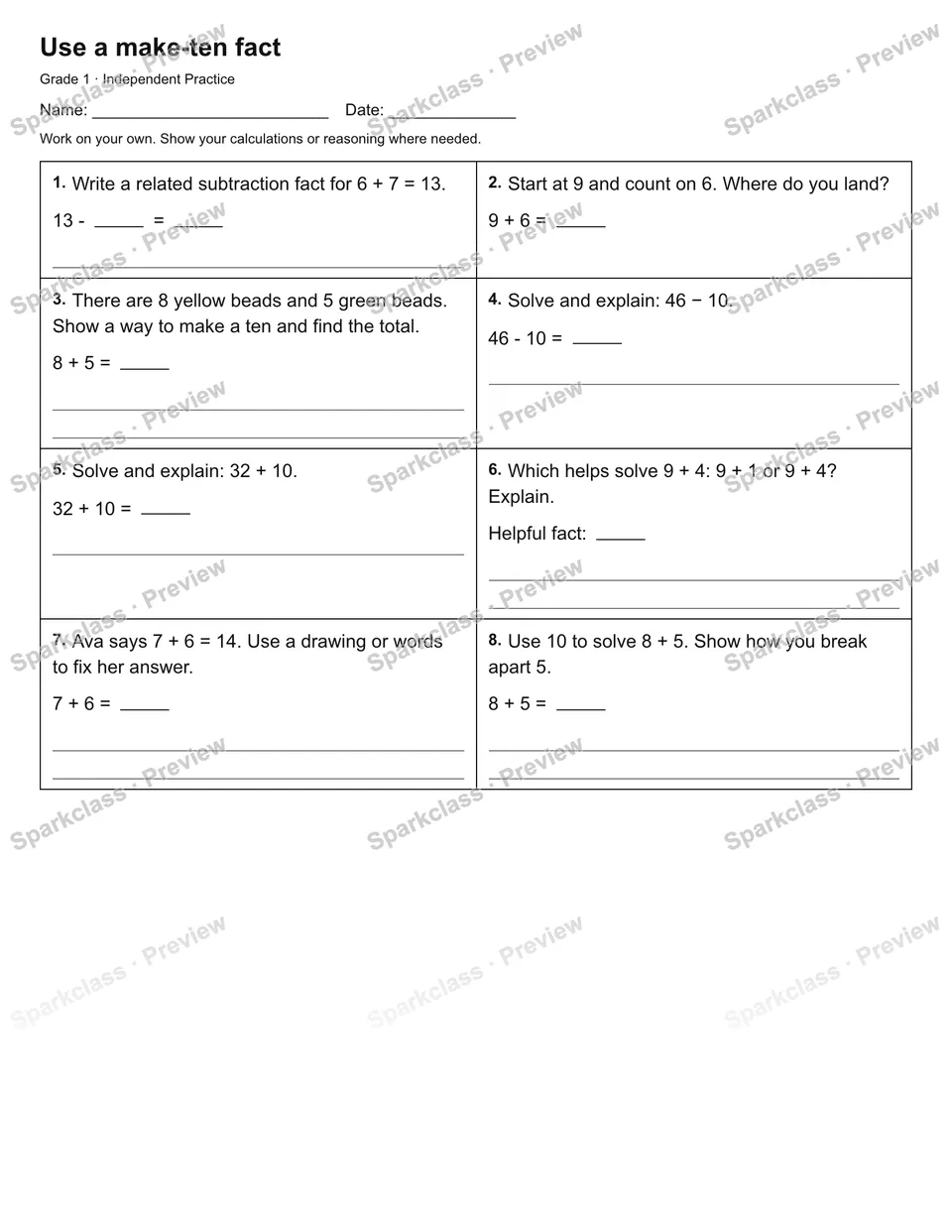 Use a make-ten fact — Independent Practice — Grade 1 worksheet preview