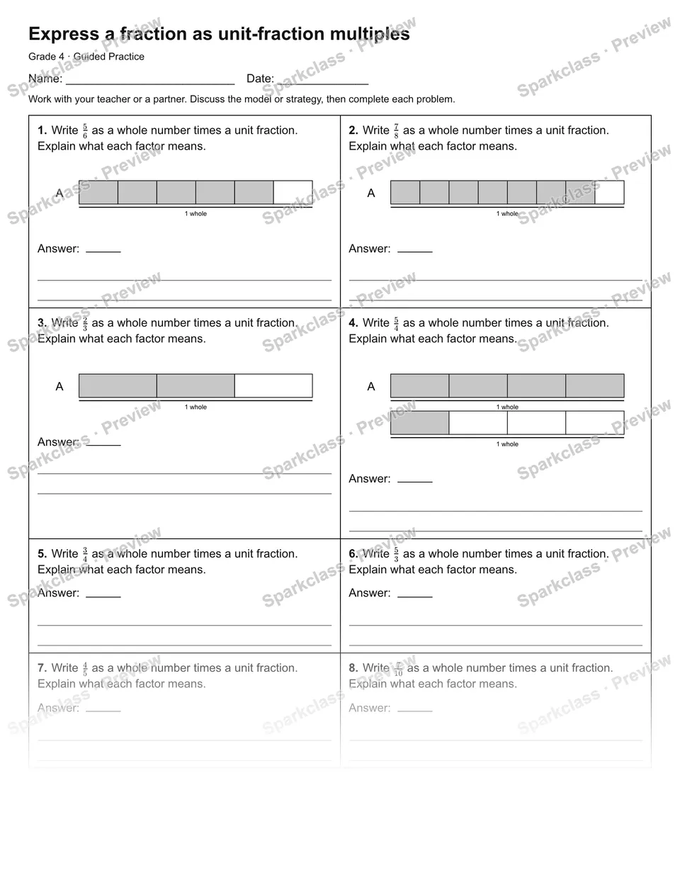 Express a fraction as unit-fraction multiples — Guided Practice — Grade 4 worksheet preview